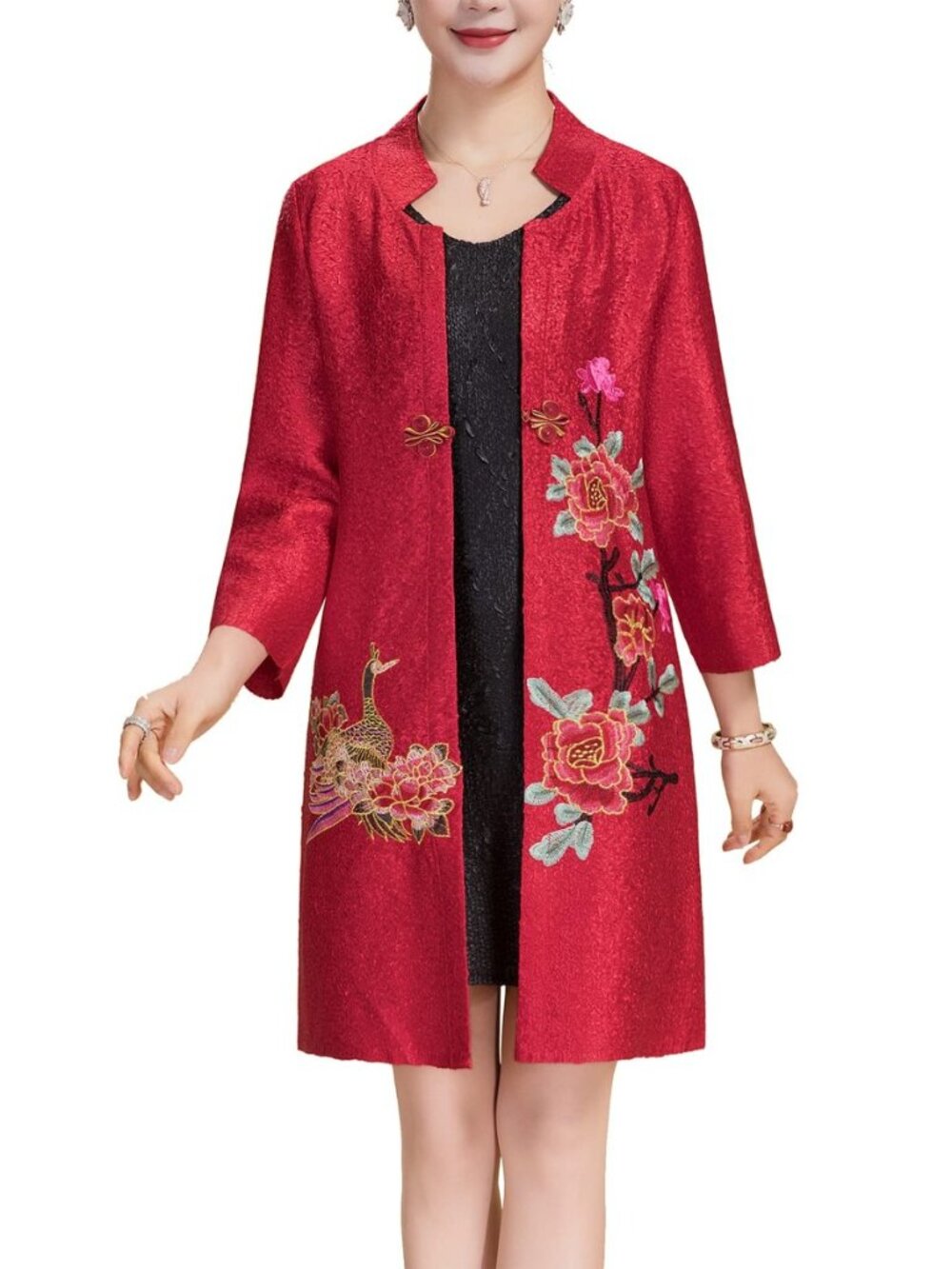 Women's Traditional Embroidery Mandarin Duck Flowers Crinkled One Button Blazer